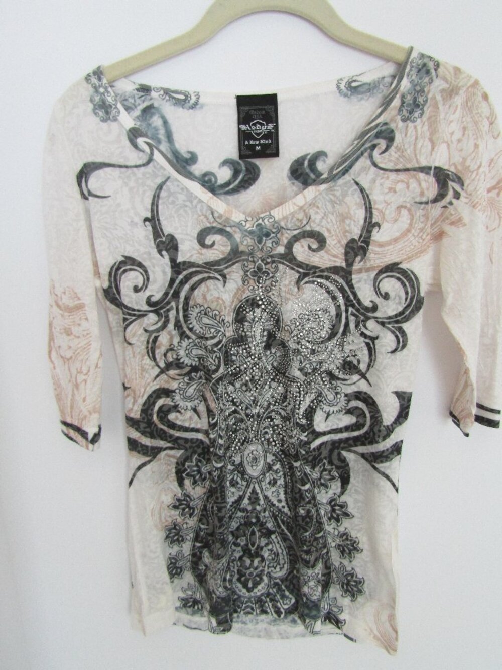 Sledge USA Shirt Womens , M, White & Bl Rhinestone V-Neck Gothic Made In USA Top